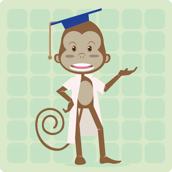 Monkey with laboratorium suit and phd hat — Stockvector