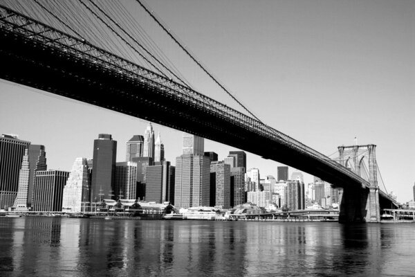 Brooklyn Bridge and Lower Manhattan skyline along the East River.