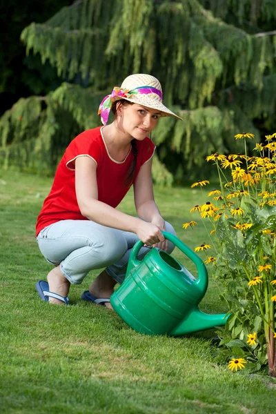 Młody ogrodnik kobieta podlewania roślin — Zdjęcie stockowe