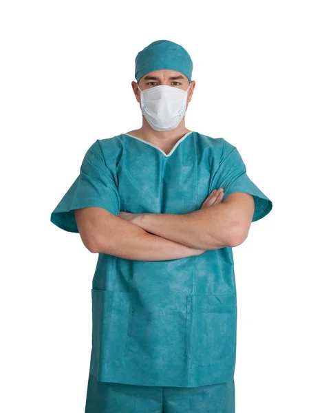 Doctor in scrubs with hands folded. — Stok fotoğraf