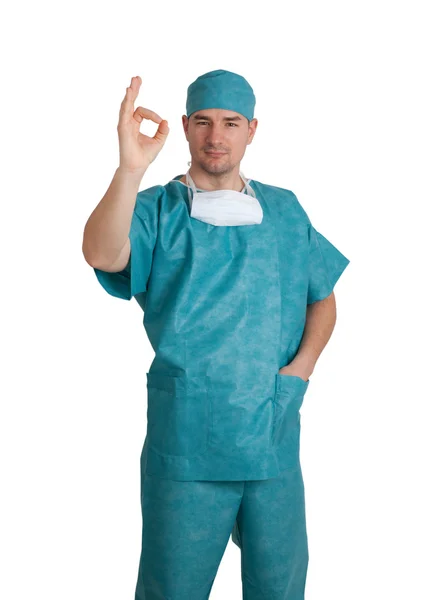 Arzt schrubbt mit Okay-Geste — Stockfoto