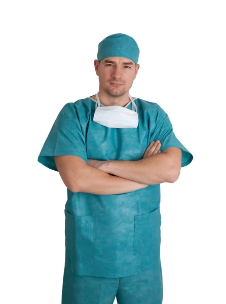 Doctor in scrubs with hands folded. — Stok fotoğraf