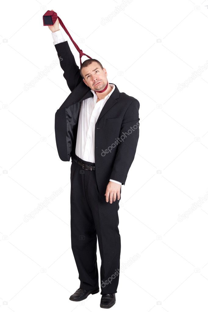 Business man strangling himself with tie
