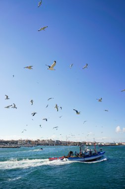 Peniche, Portekiz - Temmuz 9: 9 Temmuz 2012 peniche, Portekiz liman dönen balıkçı teknesi görünümünü