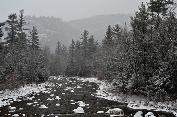 Winter first snow scenery with mountain river — Stock Photo, Image