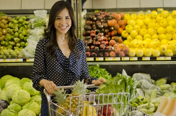 Junge süße Frau beim Einkaufen mit einem Einkaufswagen in einem Lebensmittelgeschäft — Stockfoto