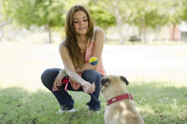 Милая девушка играет в мяч со своей собакой в парке — стоковое фото