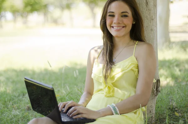 年轻漂亮的女人，公园在便携式计算机上工作 — 图库照片