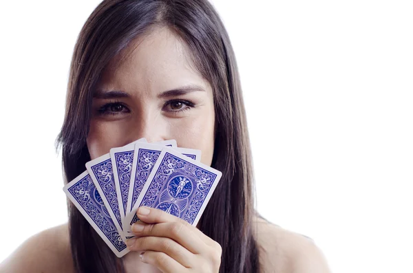 Lucky girl with a winning hand at poker — Stock Photo, Image