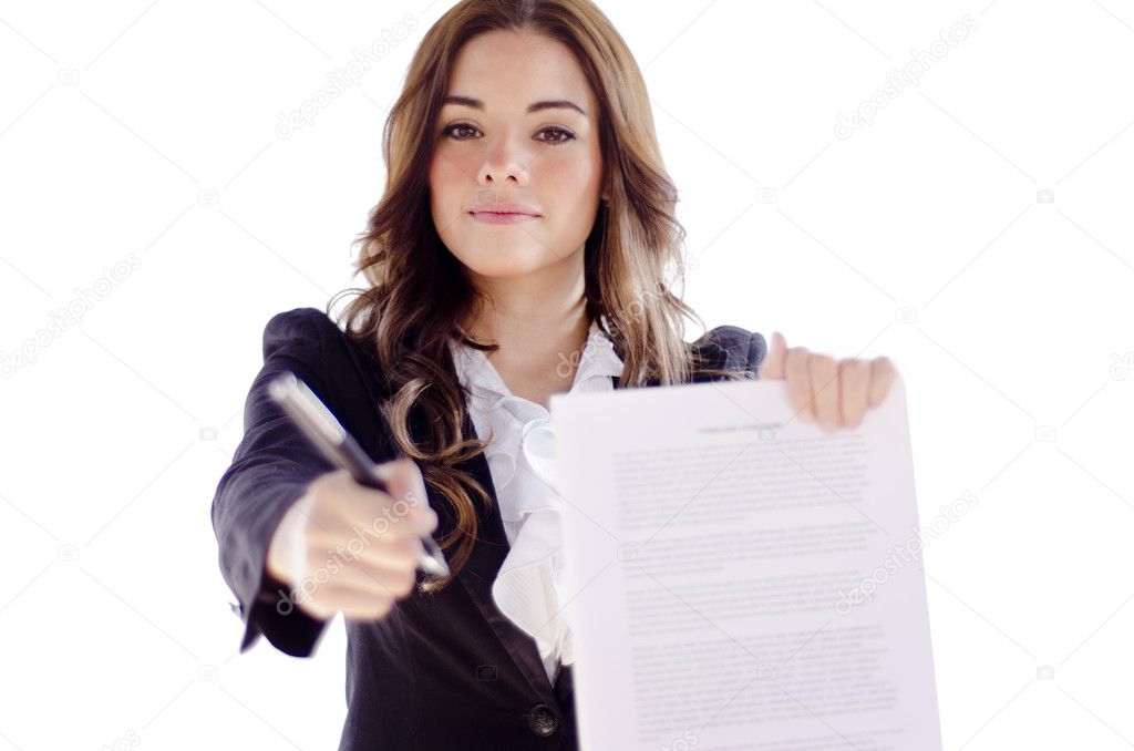 Young sexy business woman requesting signature of contract