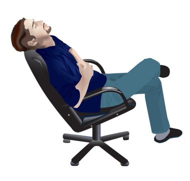 beyaz zemin üzerinde bir ofis koltuğu, uyuyan bir adam