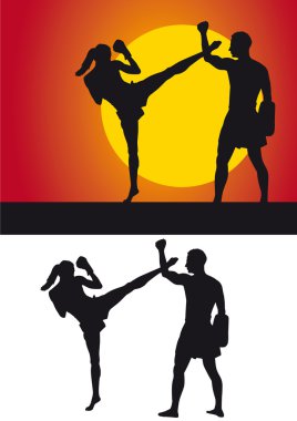 Kickboxer silhouette against a colored background clipart