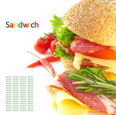 Sandwich from a roll, meat, cheese and a tomato clipart