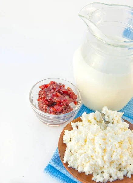 Jug with milk, cottage cheese — Stock Photo, Image