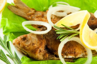 Fish fried, a crucian with a lemon, rosemary and olive oil