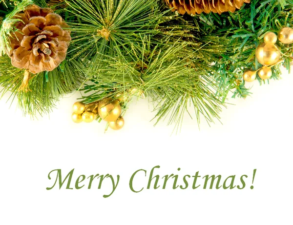 Karácsonyi kártya. Ága a prémes-fa- és erdei fenyő kúpok, fehér alapon — Stock Fotó