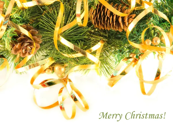 Biglietto di Natale. Ramo di un albero della pelliccia e coni di abete su uno sfondo bianco — Foto Stock