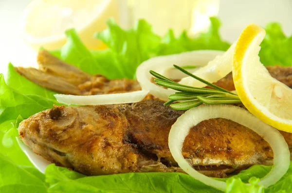 Pesce fritto, un crociano con limone, rosmarino e olio d'oliva — Foto Stock