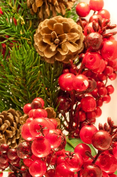 赤い果実、毛皮の木、コーンからのクリスマスの花輪 — ストック写真