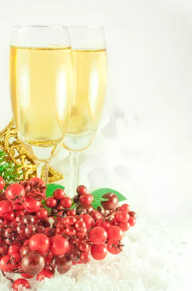 Champagne di Natale e ramo di bacche con un albero di pelo — Foto Stock