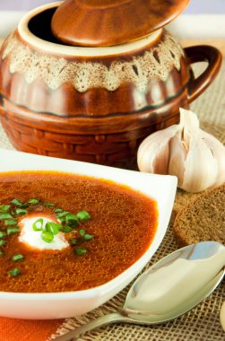 Borsch pancarı ve domates soslu lahana çorbası. etnik mutfağı