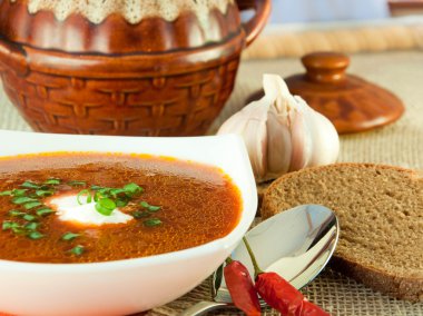 Borsch pancarı ve domates soslu lahana çorbası. etnik mutfağı