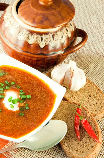 Borsch, soup from a beet and cabbage with tomato sauce. Ethnic cuisine — Stock Photo, Image