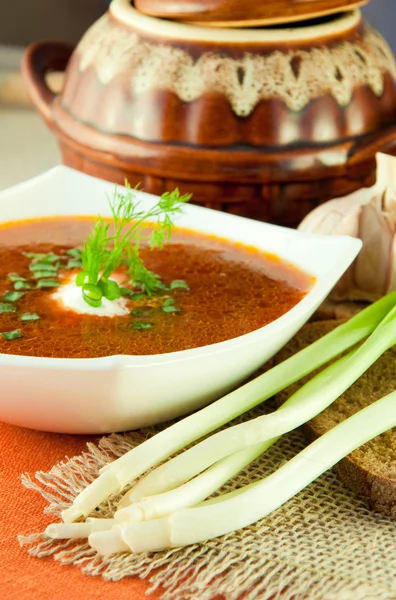 stock image Borsch, soup from a beet and cabbage with tomato sauce. An onion with garlic