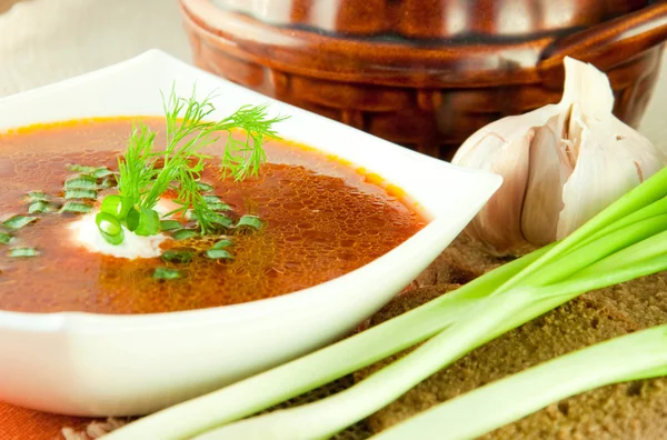 Borsch, soppa från a-betor och kål med tomatsås. en lök med vitlök — Stockfoto