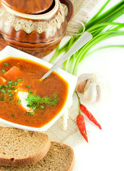 stock image Borsch, soup from a beet and cabbage with tomato sauce. An onion with garlic