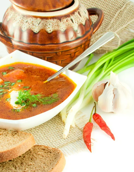 stock image Borsch, soup from a beet and cabbage with tomato sauce