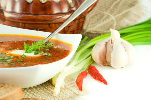 Borsch, soppa från a-betor och kål med tomatsås — Stockfoto