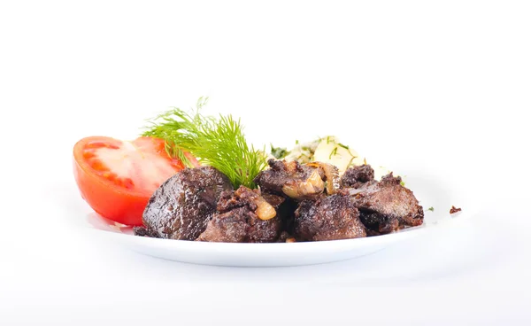 Fried pork liver with tomatoes and potatoes — Stock Photo, Image