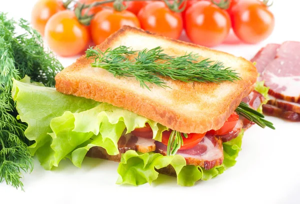 Sanduíche de carne defumada, tomates e salada em um fundo branco — Fotografia de Stock