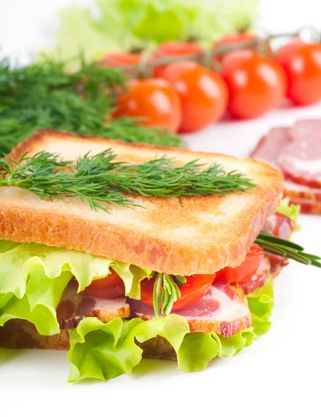 Sandwich from smoked meat and tomatoes, fresh salad — Stock Photo, Image