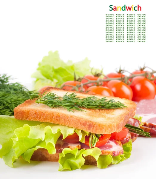 stock image Sandwich from smoked meat and tomatoes, fresh salad