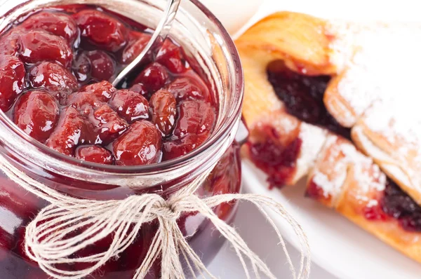 House jam and croissant with a cherry — Stock Photo, Image