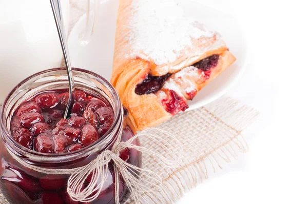 House jam and croissant with a cherry on a rasping napkin — Stock Photo, Image