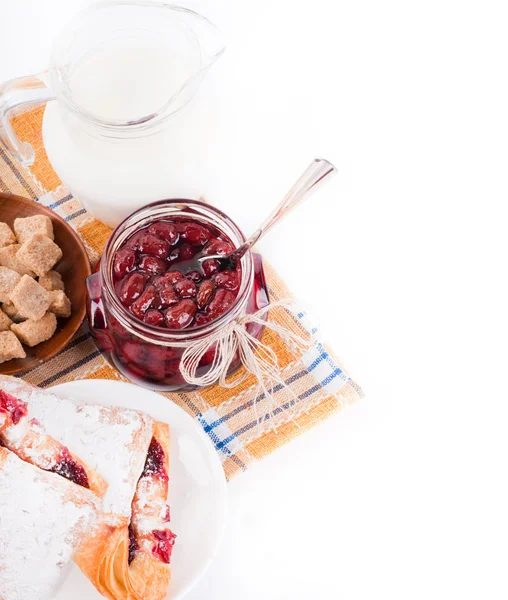 stock image House jam and croissant with a cherry on a rasping napkin