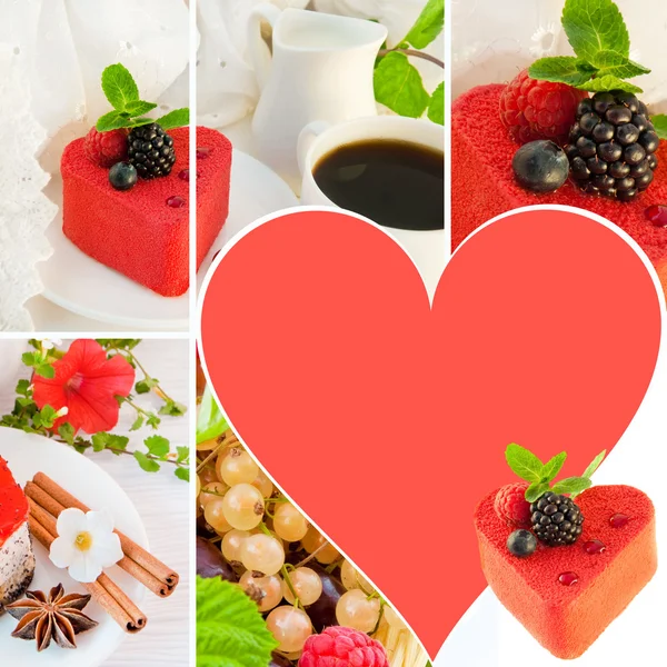 Stock image Cake in the form of heart with a blackberry, a raspberry and mint, a cup of coffee