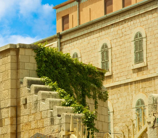 Ancient street in Nazareth, Israel. Date palm trees — Stock Photo, Image