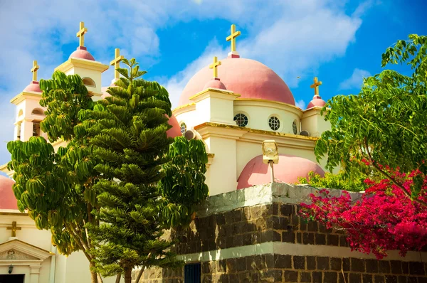 Katolska templet i israel, rosa kupoler mot en blå himmel — Stockfoto