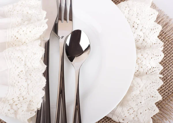 Table fork and knife in a napkin of medieval style — Stock Photo, Image