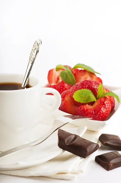 Strawberry with a mint and cup of coffee, chocolate — Stock Photo, Image