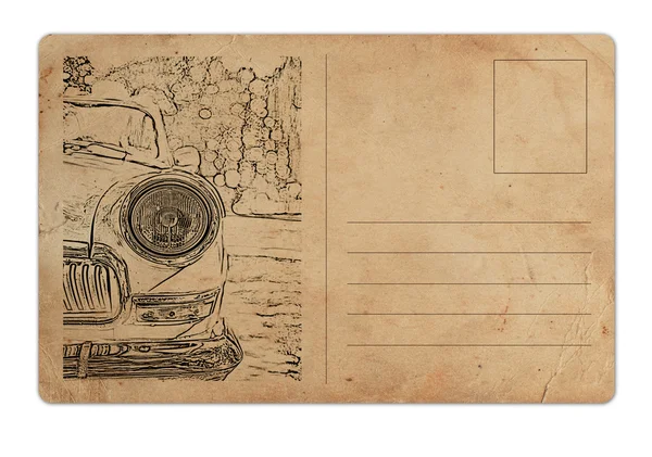 Carte postale vintage avec voiture rétro sur fond blanc — Photo