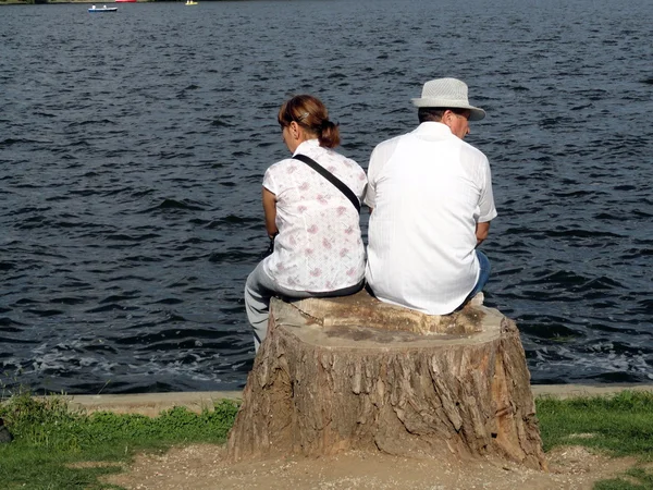 stock image Man and woman sitting on the waterfront, Herastrau Gardens, Bucharest