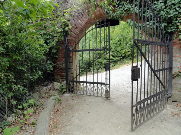 Klassisk design svart wrought iron gate i en vacker grön trädgård Stockbild