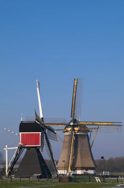 Две исторические ветряные мельницы против зимнего неба — стоковое фото