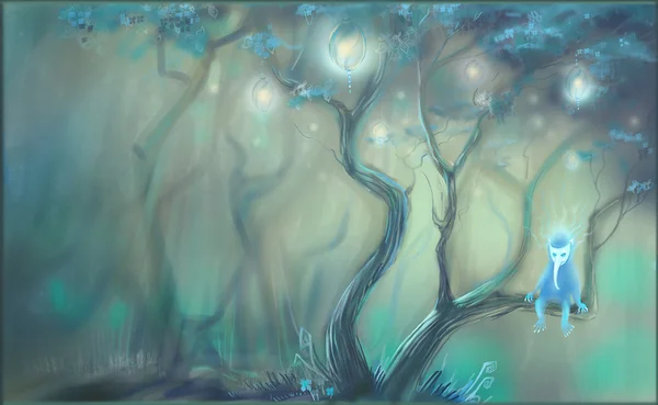 Рисунок автора. Дух леса. Волшебное дерево. Таинственные маленькие фонарики . — стоковое фото