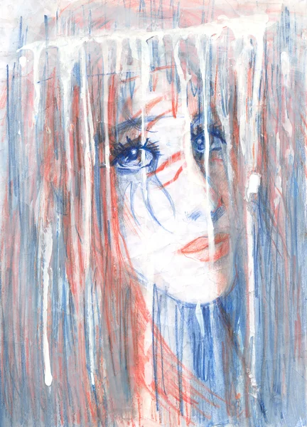 Yağmur. o bakış. büyük mavi gözleri ile romantik bir kız ile çizim. — Stok fotoğraf